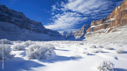 Obraz na płótnie Majestic winter landscape of a snow covered canyon with clear blue sky and white clouds creating a serene and cold atmosphere for travel w salonie