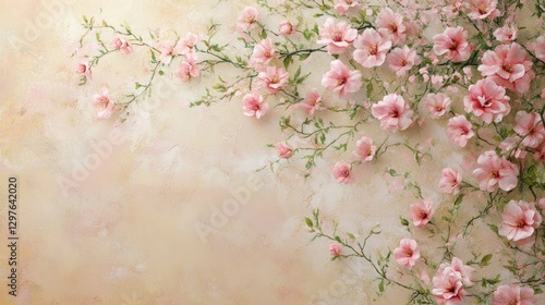 Floral Spring Blossom Background: Delicate Pink Flowers on Pastel Beige Texture
