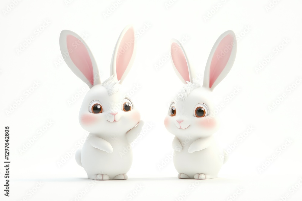 Fototapeta premium Two charming white rabbits standing side by side on white surface