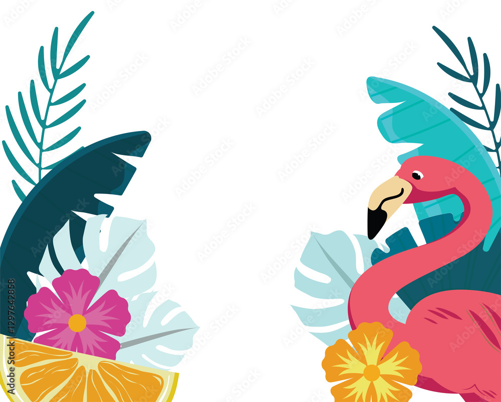 Obraz premium Tropical botanical summer background decoration border design with flamingo bird and floral illustration, PNG file