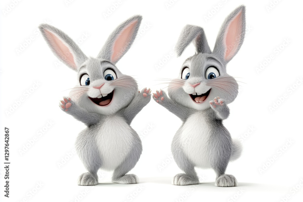 Fototapeta premium Two Happy Smiling Rabbits With Extended Arms Appearing Cheerful