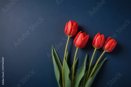there are three red tulips in a vase on a blue background
