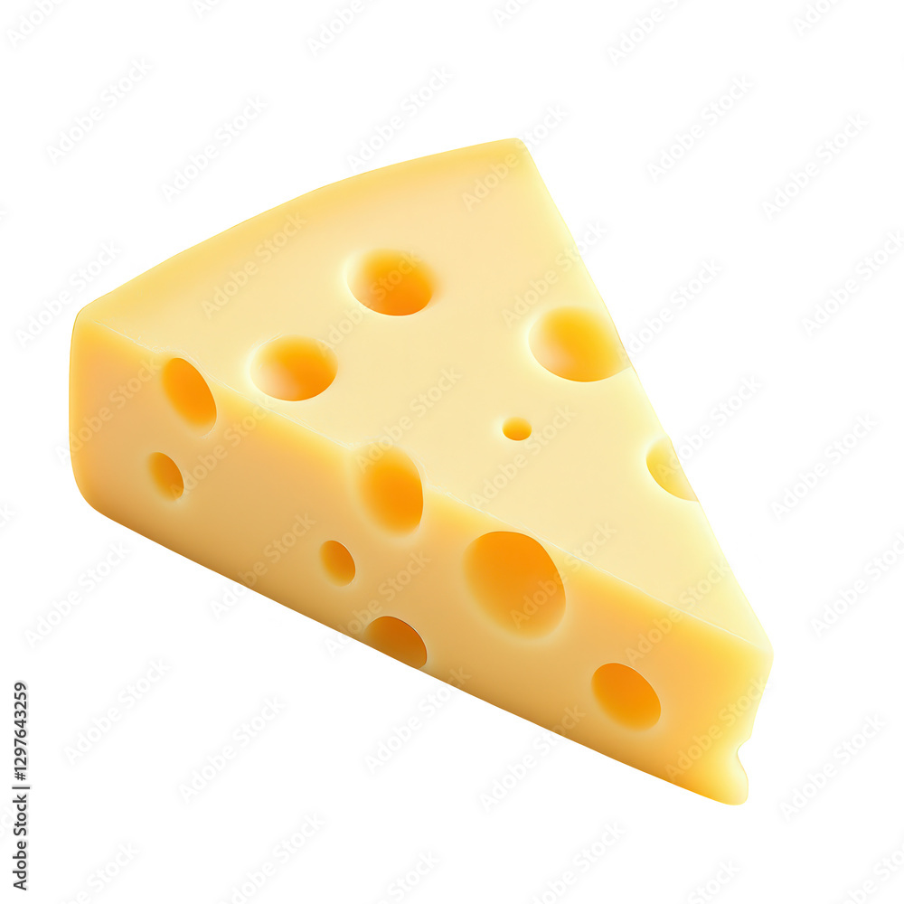 A realistic wedge of Swiss cheese with signature round holes, smooth texture, and a rich yellow color. Perfect for culinary designs, dairy products, and food-related concepts. A realistic wedge of Swiss cheese with signature round holes, smooth texture, and a rich yellow color. Perfect for culinary designs, dairy products, and food-related concepts.