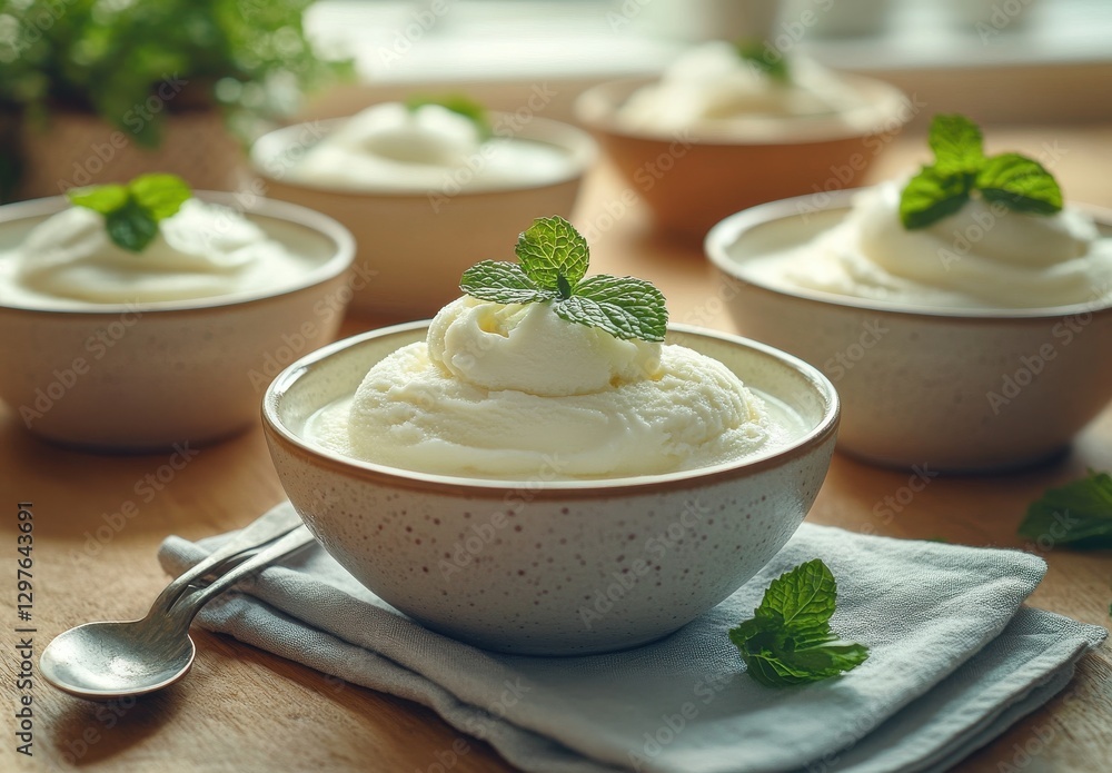 Creamy dessert served in bowls, topped with mint leaves, on a rustic wooden table with a soft focus background and fresh ingredients Creamy dessert served in bowls, topped with mint leaves, on a rustic wooden table with a soft focus background and fresh ingredients