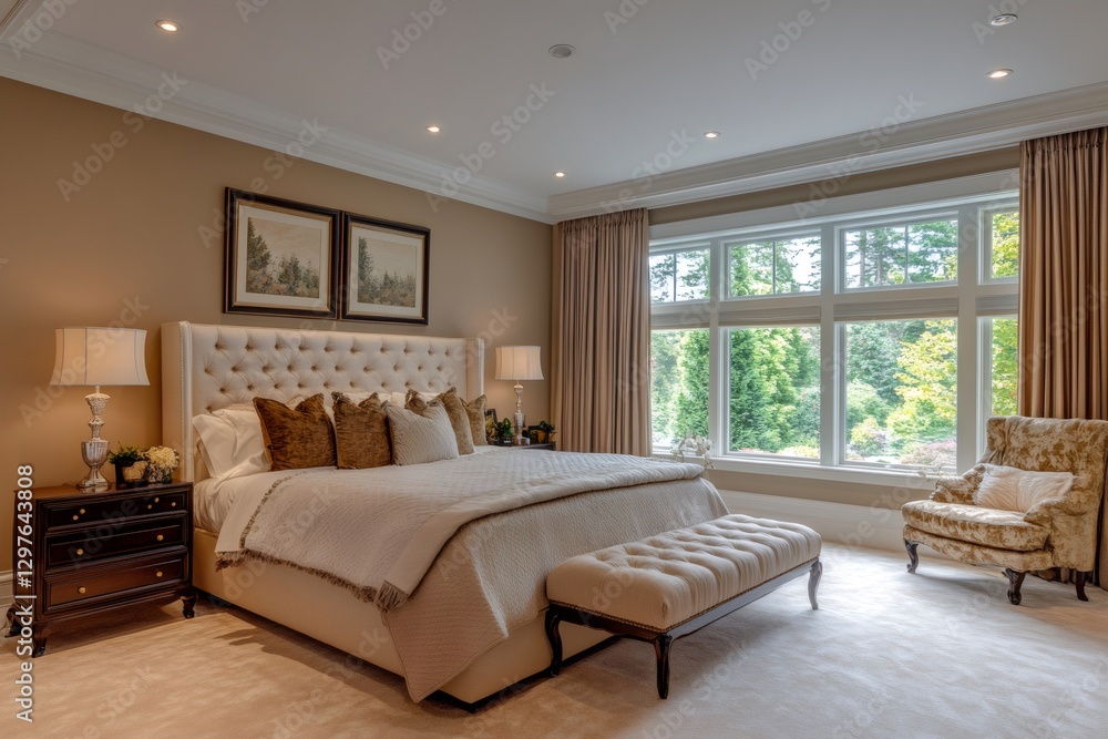 Luxurious master bedroom showcasing elegant furniture and large windows overlooking a tranquil garden Luxurious master bedroom showcasing elegant furniture and large windows overlooking a tranquil garden