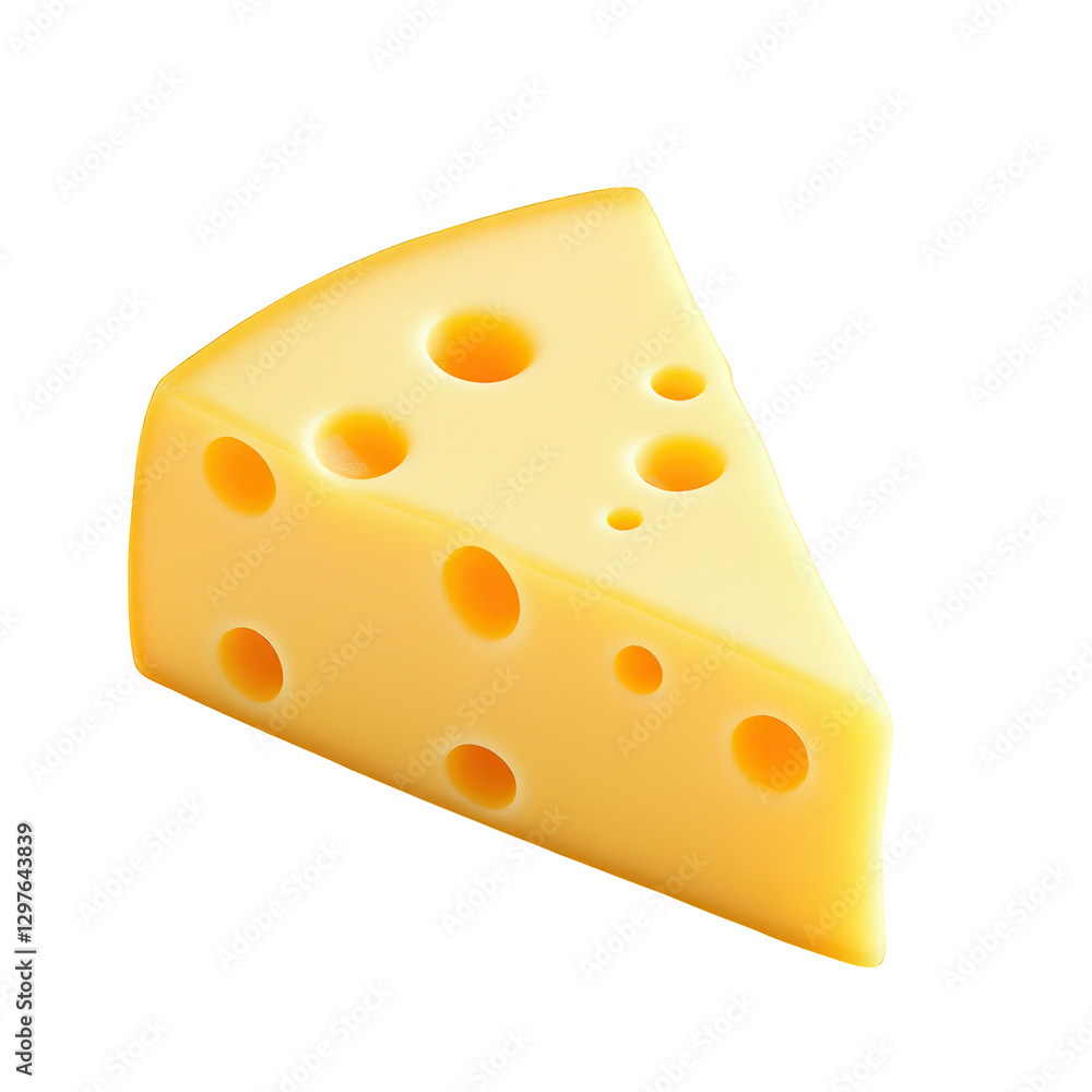 A realistic wedge of Swiss cheese with signature round holes, smooth texture, and a rich yellow color. Perfect for culinary designs, dairy products, and food-related concepts. A realistic wedge of Swiss cheese with signature round holes, smooth texture, and a rich yellow color. Perfect for culinary designs, dairy products, and food-related concepts.