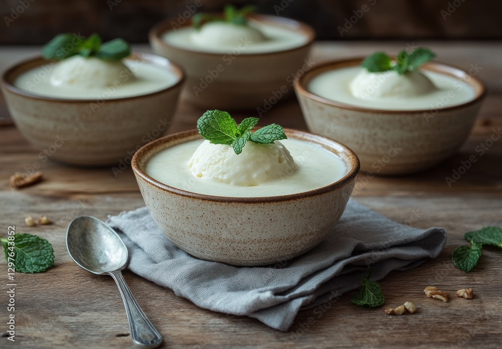 Creamy dessert served in rustic bowls, garnished with fresh mint leaves, arranged on a wooden table for an elegant dining experience Creamy dessert served in rustic bowls, garnished with fresh mint leaves, arranged on a wooden table for an elegant dining experience