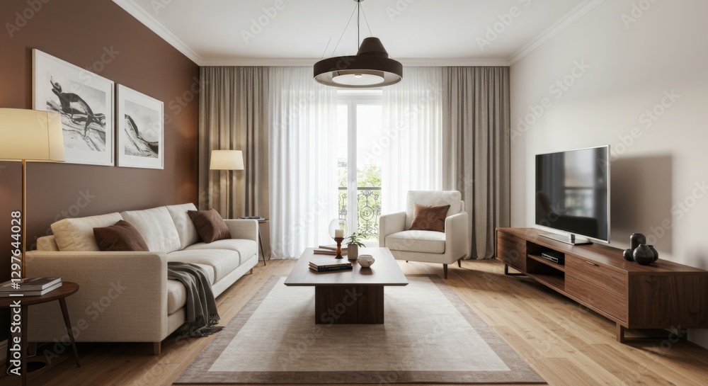 Fototapeta premium Chocolate Brown white cream Living Room design Retro Zen decor