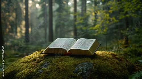 Open Holy Bible on Mossy Rock in Forest