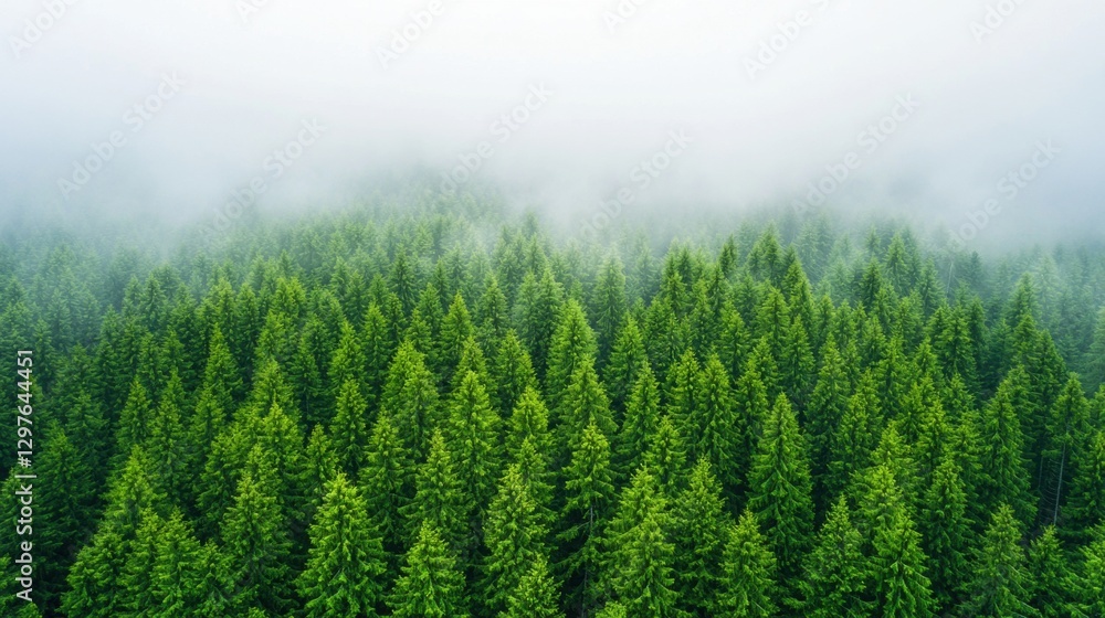 Fototapeta premium Lush green coniferous trees blanket the landscape, partially obscured by a soft mist, creating a serene and tranquil forest scene.