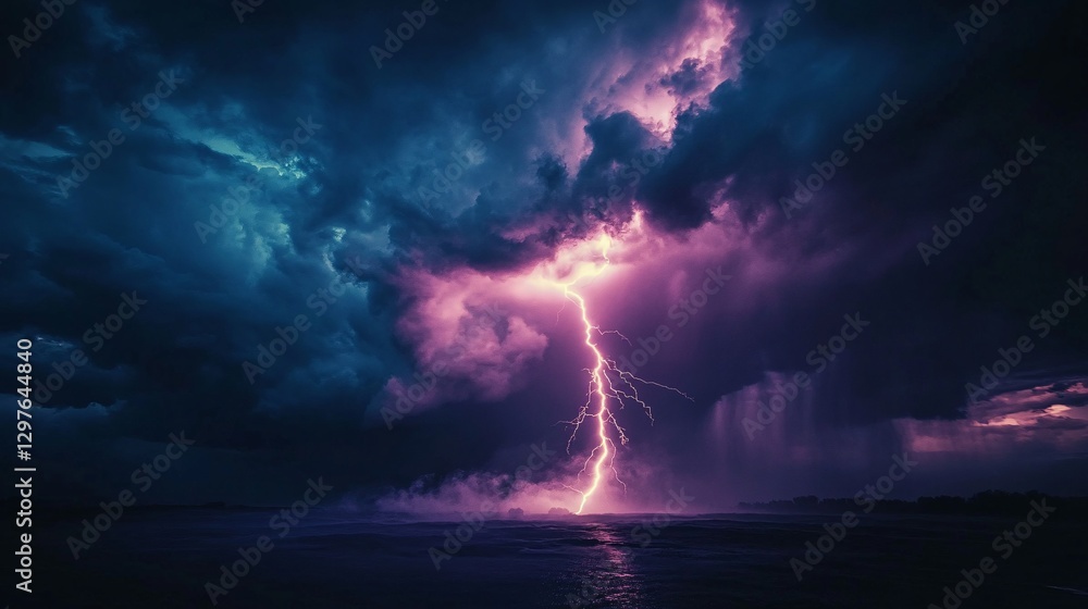 Dramatic lightning illuminates stormy clouds above the dark ocean surface Dramatic lightning illuminates stormy clouds above the dark ocean surface