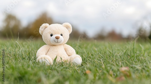 Cute plush teddy bear sitting alone on green grass in a park on an overcast day.