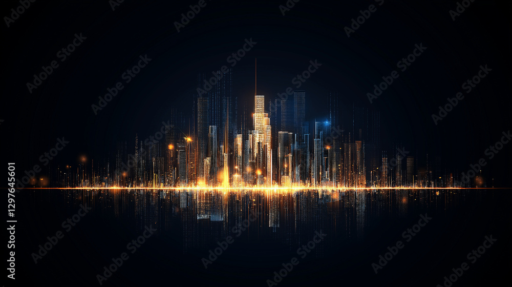 Fototapeta premium City Lights Horizon: A captivating, artistic portrayal of a modern cityscape bathed in a luminous golden glow, creating a sense of wonder and urban energy.