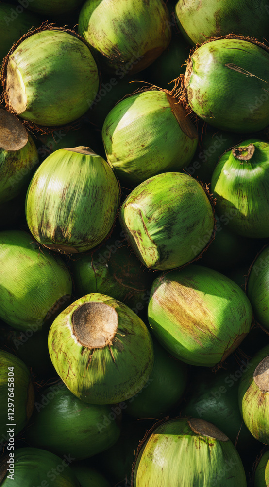 Fresh green coconuts on the market, organic tropical fruit, healthy and natural, vibrant and refreshing, perfect for eating Fresh green coconuts on the market, organic tropical fruit, healthy and natural, vibrant and refreshing, perfect for eating