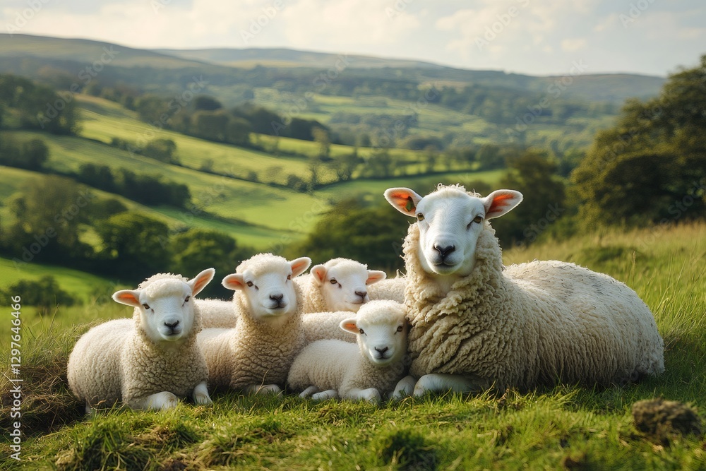 Fototapeta premium Sheep family resting on a green meadow in the rolling hills of the English countryside