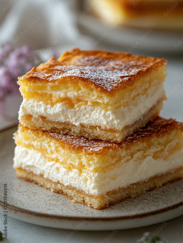 Creamy layer cake with a golden crust and smooth filling, perfect for dessert lovers and pastry enthusiasts, served on a rustic plate with floral accents Creamy layer cake with a golden crust and smooth filling, perfect for dessert lovers and pastry enthusiasts, served on a rustic plate with floral accents