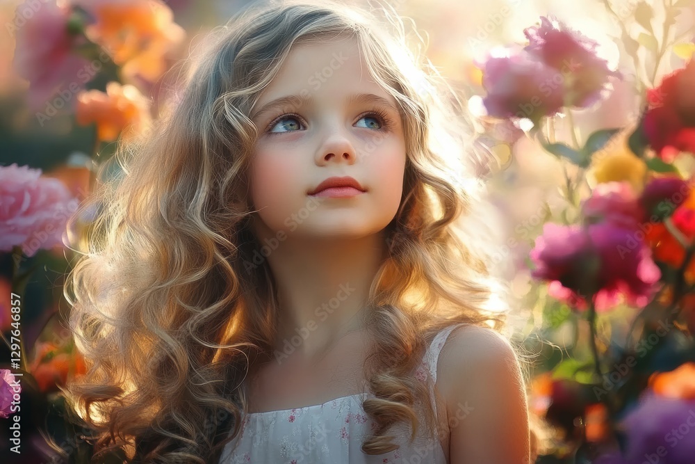 Enchanting portrait of a young girl surrounded by blossoming flowers in a dreamy garden setting Enchanting portrait of a young girl surrounded by blossoming flowers in a dreamy garden setting