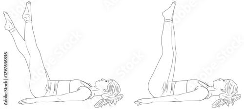 Pilates hundred pose, yoga and pilates exercise, Woman outline illustration.