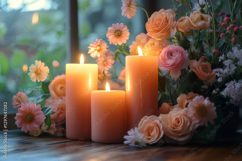 Obraz premium Three burning candles illuminating beautiful pink flowers by the window