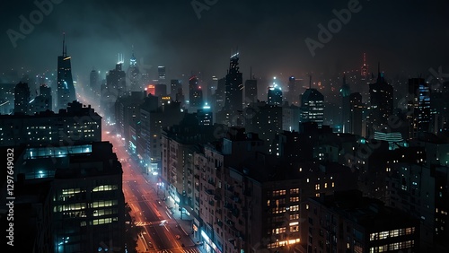 Wallpaper Mural eerie metropolitan nightscape with atmospheric mist and bright neon lights Torontodigital.ca