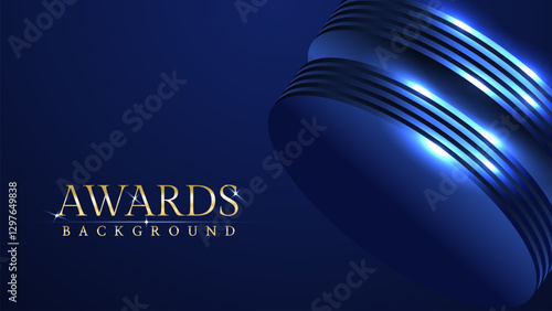 Elegant Blue Awards Background with Glowing Light Effects. Shimmering Light Effects. Luxurious Diagonal Blue Awards Curved Streaks.