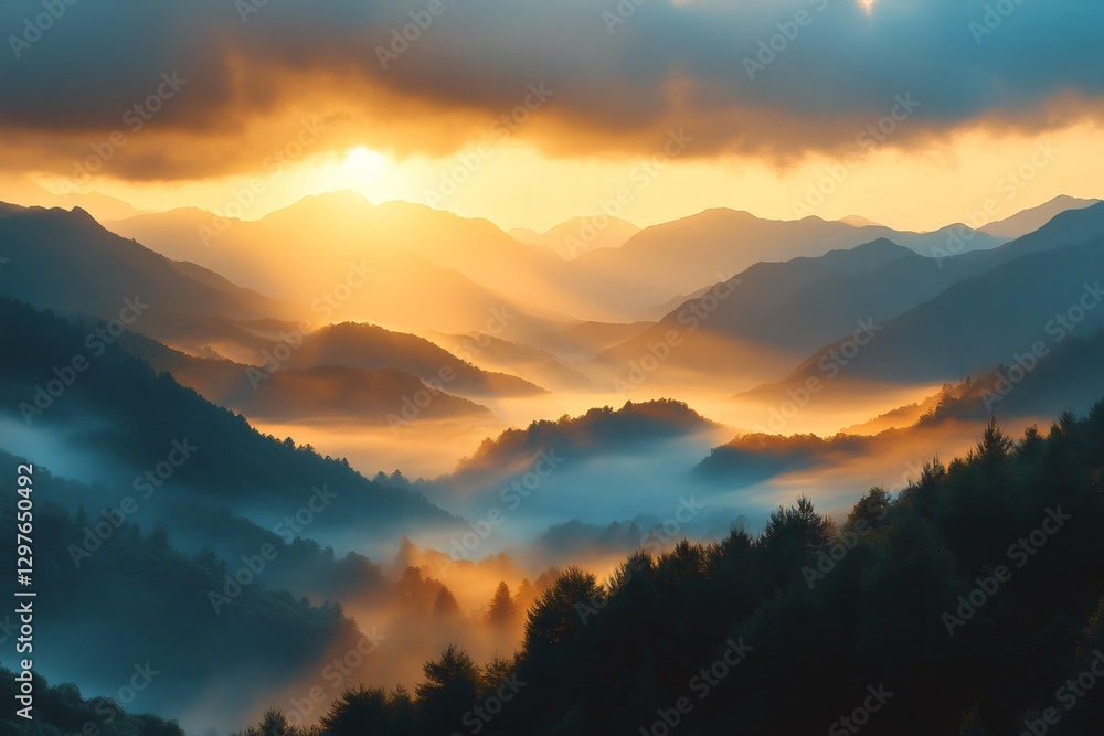 Fototapeta premium Golden sunrise illuminating misty mountain valley landscape