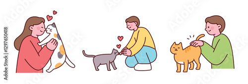 A cute vector illustration of people playing, feeding, and petting cats with affection. Minimal and warm digital drawing in pastel colors, depicting love and companionship with pets.