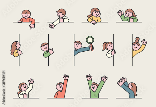 A fun and interactive vector illustration of people in various poses and gestures. A modern and minimal digital artwork depicting expressions, curiosity, and communication.