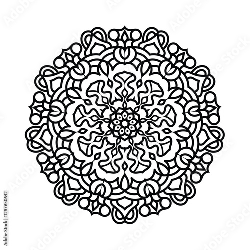 An intricate mandala illustration with floral and geometric patterns, rendered in black and white illustration. Ideal for coloring or decor. symmetry, ethnic, inspiration, invitation, lifestyles