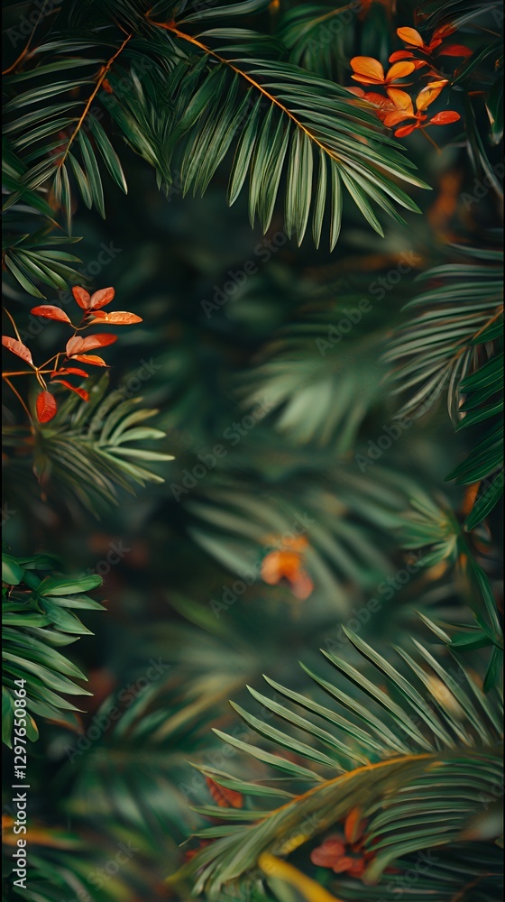 Dark Green and Orange Tropical Leaves Closeup Dark Green and Orange Tropical Leaves Closeup
