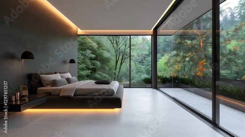 A minimalist bedroom with a floating bed  hidden LED lights  and floor-to-ceiling glass walls offering a stunning outdoor view  blending nature with interior space.
