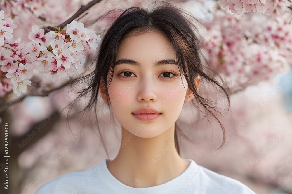 A young woman smiles gently under blooming pink cherry blossom trees A young woman smiles gently under blooming pink cherry blossom trees