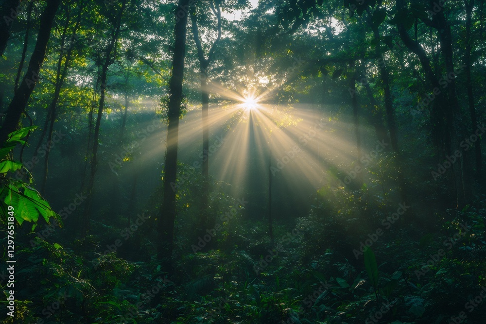 Sun rays shining through trees in misty forest at sunrise Sun rays shining through trees in misty forest at sunrise