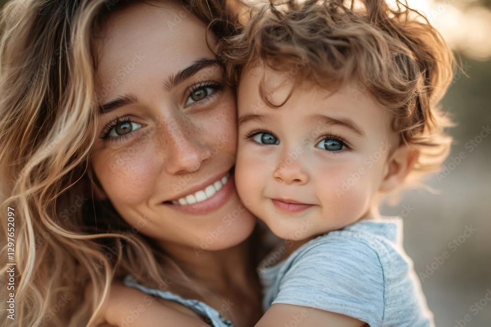 Mother and child are smiling and sharing a tender moment together Mother and child are smiling and sharing a tender moment together