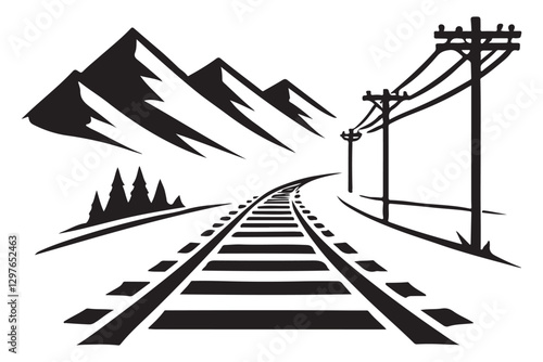 Scenic Railway Tracks Vector Illustration with Mountain View Image