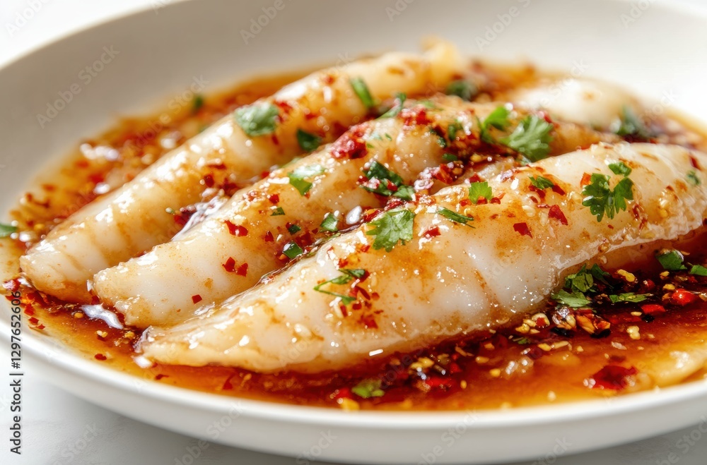 Savoring delicious steamed fish with spicy sauce modern kitchen food photography bright environment close-up culinary art Savoring delicious steamed fish with spicy sauce modern kitchen food photography bright environment close-up culinary art