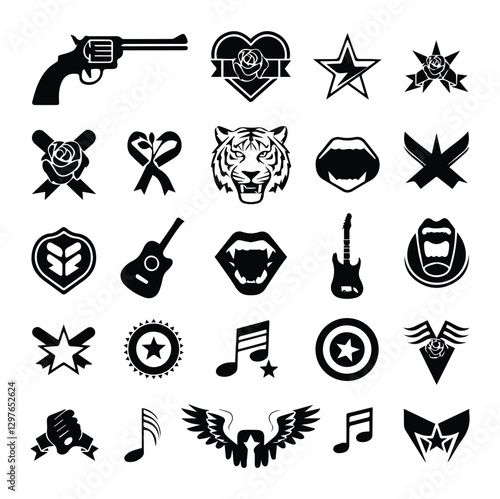 Rock and roll icons collection. Vector illustration of rock music badges and symbols, such as gun and rose, heart with the ribbon, tiger face, guitar, open mouth and wings. Isolated on white