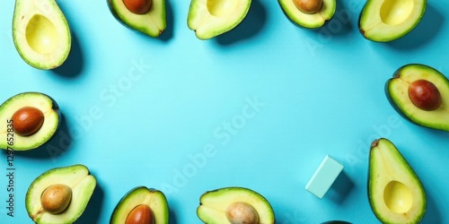 A vibrant arrangement of halved avocados on a light blue background, with a small pastel-colored rectangle adding a touch of minimalist design.