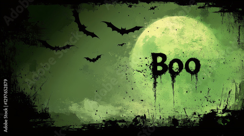 Eerie green background with full moon and bats flying around, creating spooky atmosphere. word Boo adds to Halloween theme photo