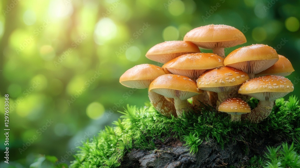Cluster of Golden-Orange Mushrooms Growing on a Mossy Surface in a Lush Green Forest Cluster of Golden-Orange Mushrooms Growing on a Mossy Surface in a Lush Green Forest