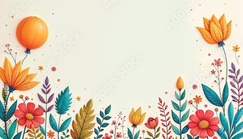 Floral balloon illustration with leaves and flowers in artistic style. 