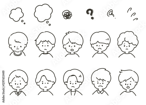困ったり悩んだりしている男の子のアイコン＿線画
