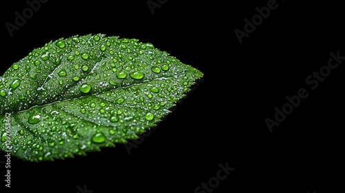 Close-up dewdrop rose leaf on black background