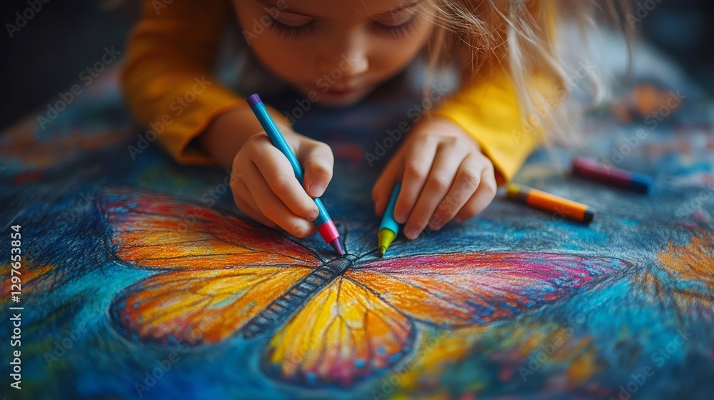 Obraz premium Cute little girl drawing a colorful butterfly with crayons