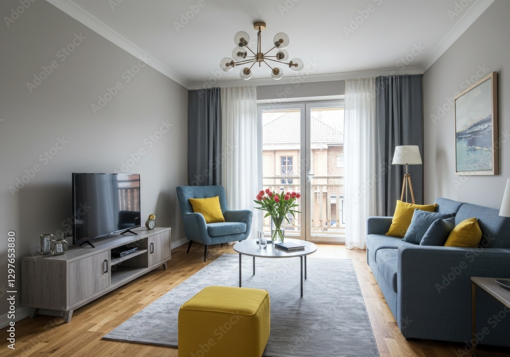 Fototapeta premium soft Blue grey yellow Living Room design Zen Art Deco decor