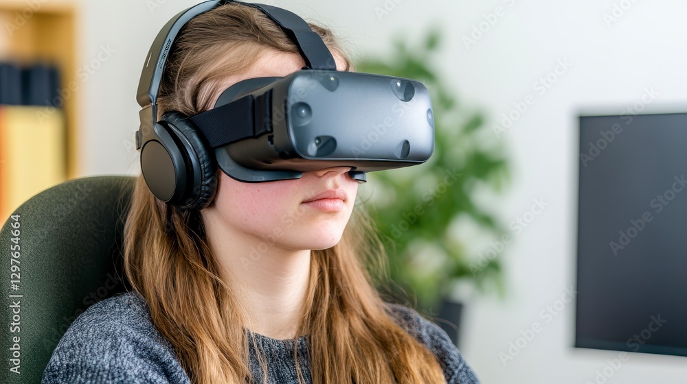 Young Woman Experiencing Virtual Reality in Bright Room Young Woman Experiencing Virtual Reality in Bright Room