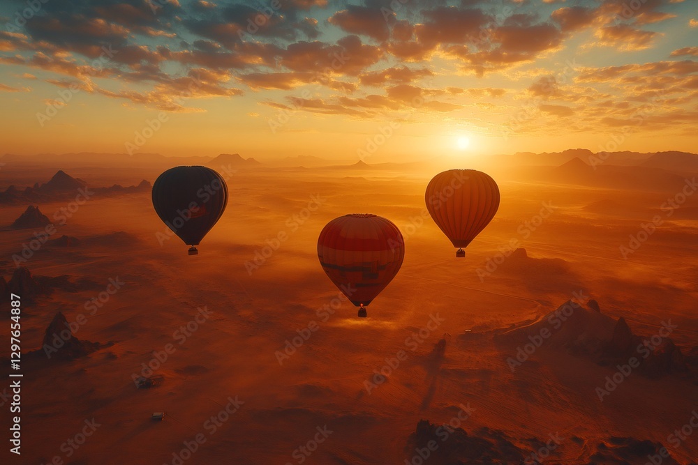 Fototapeta premium Hot air balloons flying over Wadi Rum desert at sunset