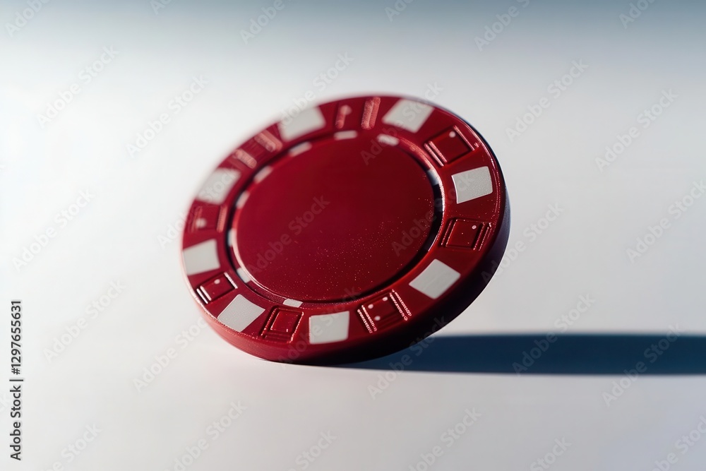 single red poker chip rolling against a white background glossy surface glowing in gentle light faint etchings casting shadows dynamic and playful game piece single red poker chip rolling against a white background glossy surface glowing in gentle light faint etchings casting shadows dynamic and playful game piece