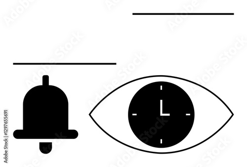 Black bell icon and eye containing a clock signify time, attention, and reminders. Ideal for notifications, alerts, time tracking, productivity, mindfulness, planning abstract line flat metaphor