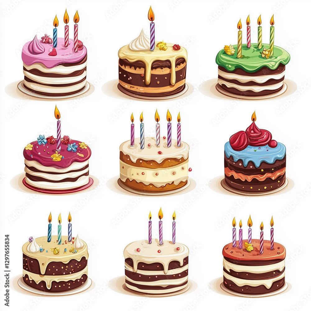 Set of Delicious Birthday Cakes with Candles – Cut Out for Celebration and Special Occasions Set of Delicious Birthday Cakes with Candles – Cut Out for Celebration and Special Occasions